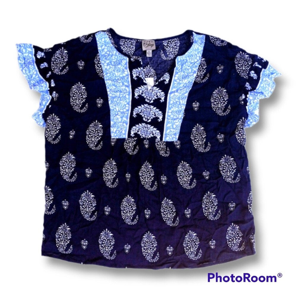 Como Vintage AOP Paisley Smock Blouse-Large-Navy-Flutter Sleeves-Boho-NEW